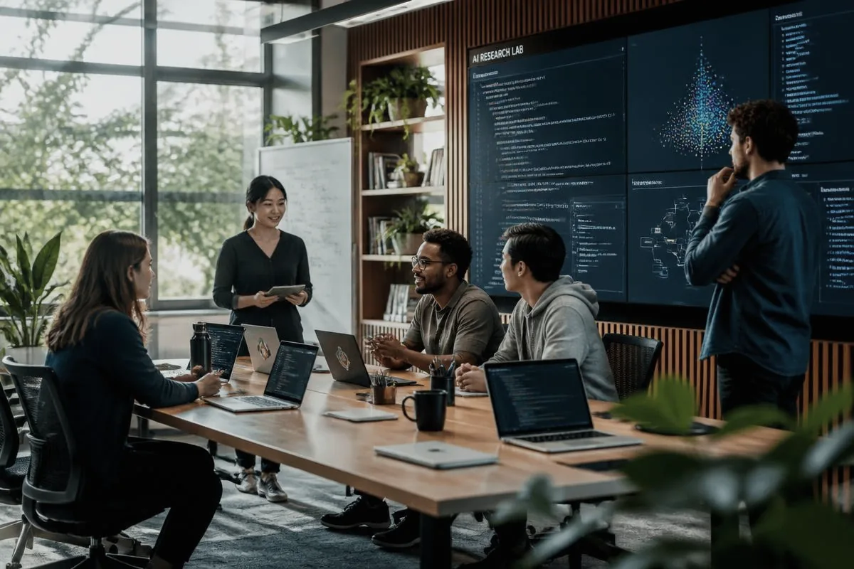 Researchers reviewing neural network diagnostics on large displays